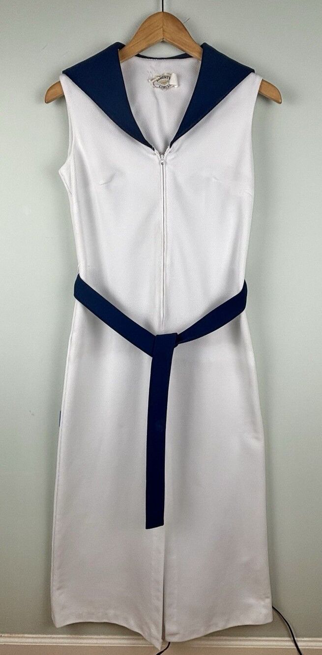 VTG 70s Women's Nautical Sailor Midi White Navy Red Stars Dress & Belt Sz 8